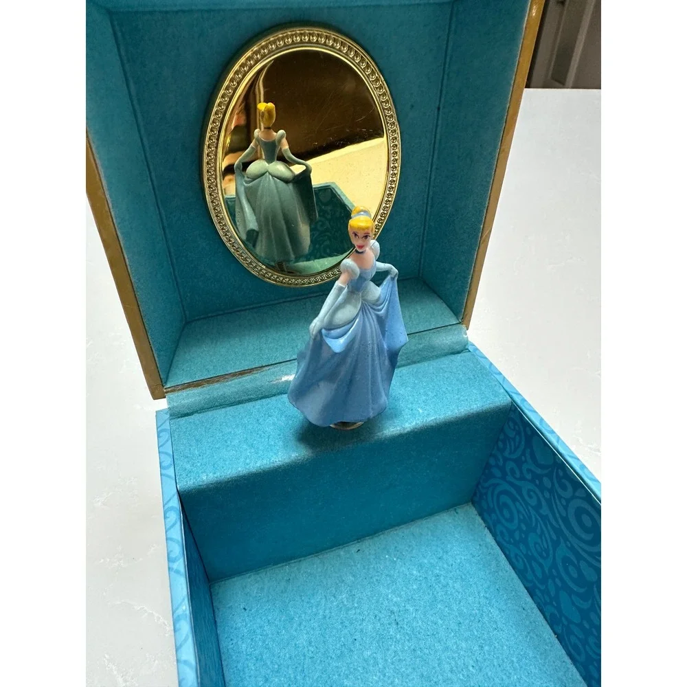 Disney Cinderella Musical Jewelry Box Blue Gold Wind Up Rotating Figurine Mirror